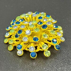 Vintage Bright Yellow Starburst Brooch with Blue, Green & Clear Rhinestones
